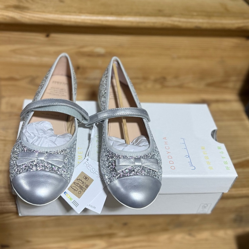 Geox Silver Glitter Mary Jane Flats with Bow Accent